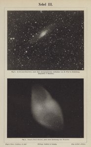 Utsikt över Andromeda-nebulosan och hantelnebulosan (gravyr) av German School