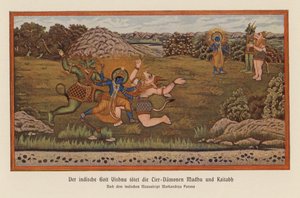 Vishnu dräper demonerna Madhu och Kaitaba (färglitografi) av German School