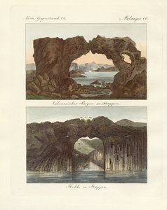 Vulkanbågar och grottor (färgad gravyr) av German School