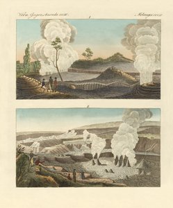 Vulkaner på ön Hawaii (färgad gravyr) av German School
