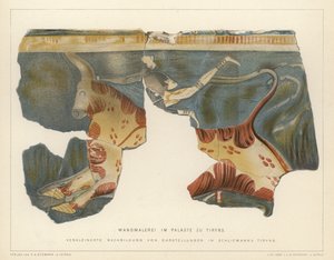 Väggmålning från det mykenska palatset i Tiryns, Grekland, utgrävt av den tyske arkeologen Heinrich Schliemann (färg litho) av German School