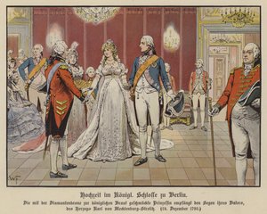 Bröllop av kronprins Fredrik William av Preussen och prinsessan Louise av Mecklenburg-Strelitz i det kungliga slottet, Berlin, 24 december 1793 (färg litho) av German School