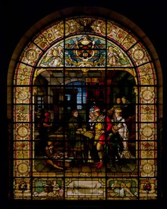 William Caxton visar sin första tryckta bok för Edward IV och hans fru, Elizabeth Woodville 1477, av Mayer and Co., Münchenbaserat företag verksamt i London, ca 1880 (målat glasfönster) av German School
