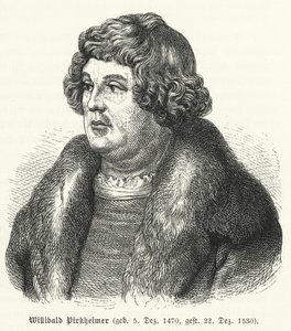 Willibald Pirckheimer, tysk renässansadvokat, författare och humanist, och vän till Albrecht Durer (gravyr) av German School