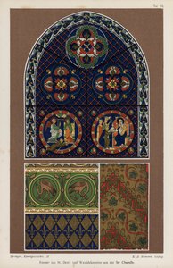 Fönster från basilikan St Denis och väggdekoration från Sainte-Chapelle, Paris, Frankrike (färg litho) av German School