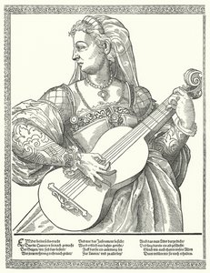 Kvinna som spelar gitarr (gravyr) av German School