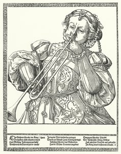 Kvinna som spelar en trombon eller säckbut (gravyr) av German School
