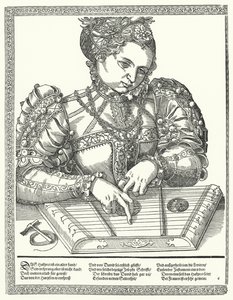 Kvinna som spelar en cittra (gravyr) av German School