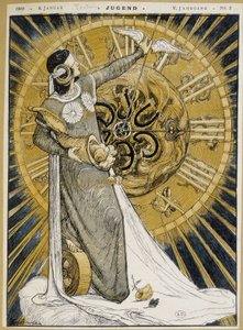 Kvinna med ögonremsor som håller ett horn av överflöd och flyttar fram visarna på en klocka (Allegory of Fortune) - i "" Jugend"" av 1900-01-08 av German School