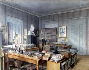 Wilhelm Grimms (1786 -1859) arbetsrum i Berlin, Linkstrasse 7. Gravyr av herr Hoffmann. Nationalmuseum, Nürnberg. 1860. av German School