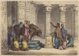 Dyrkan av Apis Bull i det antika Egypten (färgad gravyr) av German School
