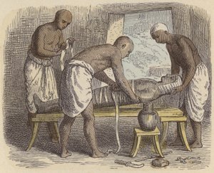 Slå in en mumie i det antika Egypten (färgad gravyr) av German School