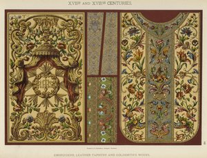 XVII:e och XVIII:e århundraden, broderier, lädertapeter och guldsmedsverk (färg litho) av German School