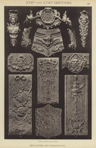 XVII:e och XVIII:e århundraden, metallarbete och träsnideri (färg litho) av German School