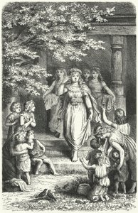 Unga tyska kvinnor bär kransar för att fira festivalen Eostre (Ostara) (gravyr) av German School