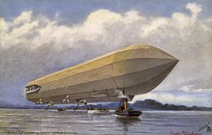 Zeppelin-luftskepp lyfter från en sjö av German School