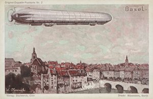 Zeppelin som flyger över Basel av German School
