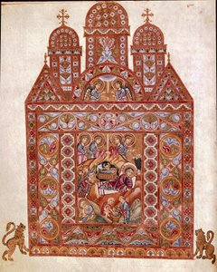 Nativite miniatyr av Codex of Egbert (Codex Egberti) av skolan i Reichenau. 980 ca. Cividale del Friuli, arkeologiskt museum eller Cathedrale de Cividale av German School