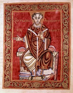 Eveque Egbert de Treves tar emot psaltaren från händerna på munken Rudprecht (ej representerad här) - Miniatyr av Codex of Egbert (Codex Egberti) av skolan i Reichenau, 980 - Cividale del friuli, museo archeologico eller Cathedrale de Civid av German School