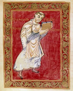 Munken Ruodprecht tar manuskriptet till bågen Egbert de Treves (977-993) Miniatyr av Egberts Codex (Codex Egberti) av skolan i Reichenau. Cividale del Friuli, Museo Archeologico eller Cathedrale de Cividale av German School