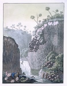 Utforskare från Humboldts expedition i basaltklipporna vid Regla, Mexiko, plansch 60 från "Le Costume Ancien et Moderne" av Jules Ferrario, publicerad på 1820-30-talen.