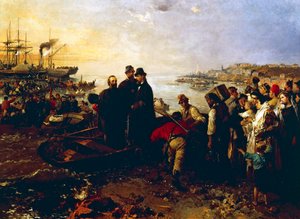 Boarding of the Thousand at Quarto, cirka 1860, av Gerolamo Induno (1825-1890), olja på duk