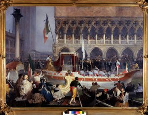 Entree av Vittorio Emanuele II (Victor Emmanuel) (1820-1878) i Venedig. Målning av Gerolamo (Girolamo) Induno (1827-1890). Museet för Risorgimento Milano
