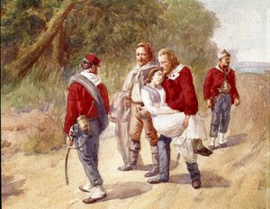 Den italienske patrioten Giuseppe Garibaldi transporterar sin hustru Anita som lider av tiphoid till Ravenna 1849 (Akvarell)