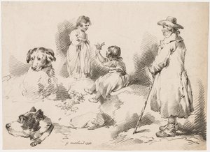 Studier av barn, två små flickor, två hundar, en man, 1793. av Gerrard Street J. Harris Soho