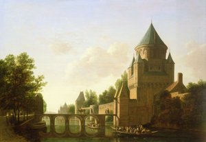 Kvällsutsikt över Kleine Houtpoort i Haarlem (panel)