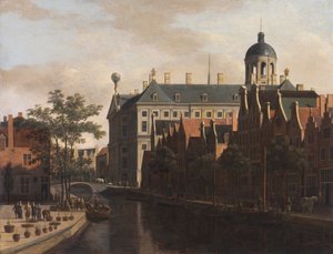 Holländska: Amsterdam, blomstermarknaden till stadshuset sett Nieuwezijds Voorburgwal med blomster- och trädmarknaden i Amsterdam