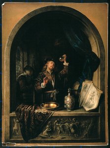 En läkare undersöker ett urinprov från en äldre kvinna. av Gerrit Dou