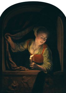 Holländska: Ung kvinna med ett tänt ljus vid ett fönster av Gerrit Dou
