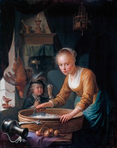 Franska: Jeune fille hachant des oignons Flicka som hackar lök av Gerrit Dou