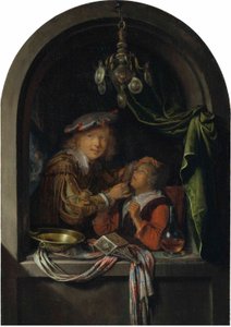 Tyska: Der Zahnarzt En barberare-kirurg som undersöker en flicka av Gerrit Dou
