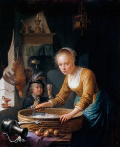 Flickan hackar lök av Gerrit Dou