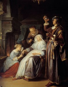 Den hydropiska kvinnan. En läkare undersöker urinen från en kvinna med vattusot. Detalj. Målning av Gerard Dou (1613-1675)