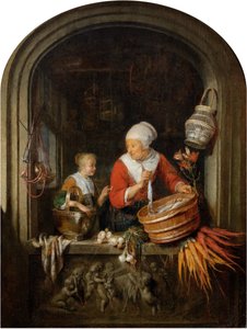 Kvinna som säljer sill och flicka i ett fönster av Gerrit Dou