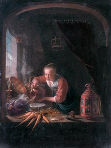 Ung kvinna häller upp vatten ur en kanna av Gerrit Dou