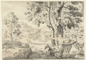 Skogbevuxen landskap med en herde, en man och en kvinna av Gerrit Grasdorp (possibly)