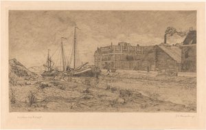 Förtöjda pråmar på en fabrik av Gerrit Haverkamp (signed by artist)