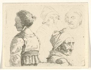 Studieblad med en honbyst och tre honhuvuden av Gerrit Lamberts