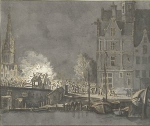Bränning av tullhusen vid Nieuwebrug i Amsterdam av Gerrit Lamberts