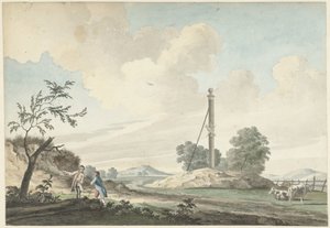 Landskap nära sanddynerna med en milstolpe och två vandrare av Gerrit Toorenburgh