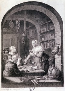 Village livsmedelsbutik vägning med en balans. sd. 1700-talet av Gerrit or Gerard (after) Dou