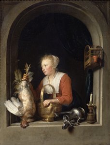 Den hollandske husmor eller kvinden, der hænger en hane i vinduet, 1650 swed