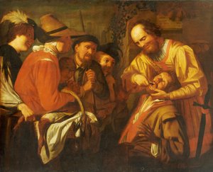 En kvacksalvare tandläkare drar ut en tand, medan en grupp åskådare tittar i närheten av Gerrit van Honthorst