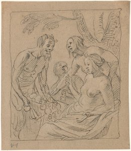 Diana och två nymfer tar emot gåvor från en satyr (recto) av Gerrit van Honthorst