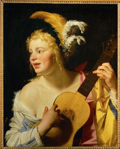 Femme jouant de la guitare - Kvinna som spelar gitarr ... av Gerrit van Honthorst