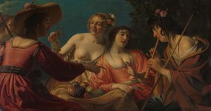 Fåraherde som spelar flöjt av Gerrit van Honthorst